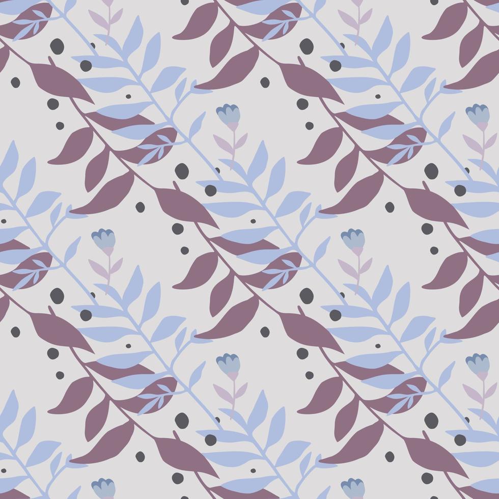 Soft forest foliage ornament seamless pattern. Blue and purple color botanic branches on light background. vector