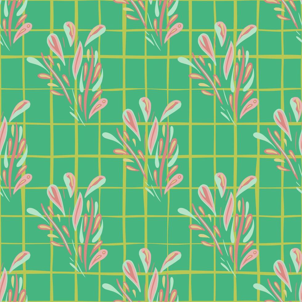 Spring seamless nature pattern with doodle foliage pink ornament. Light turquoise background with check. vector