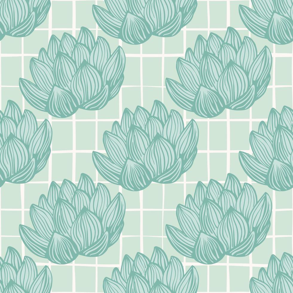 patrón sin costuras de paleta azul pastel con flores de loto contorneadas y fondo a cuadros claro. vector