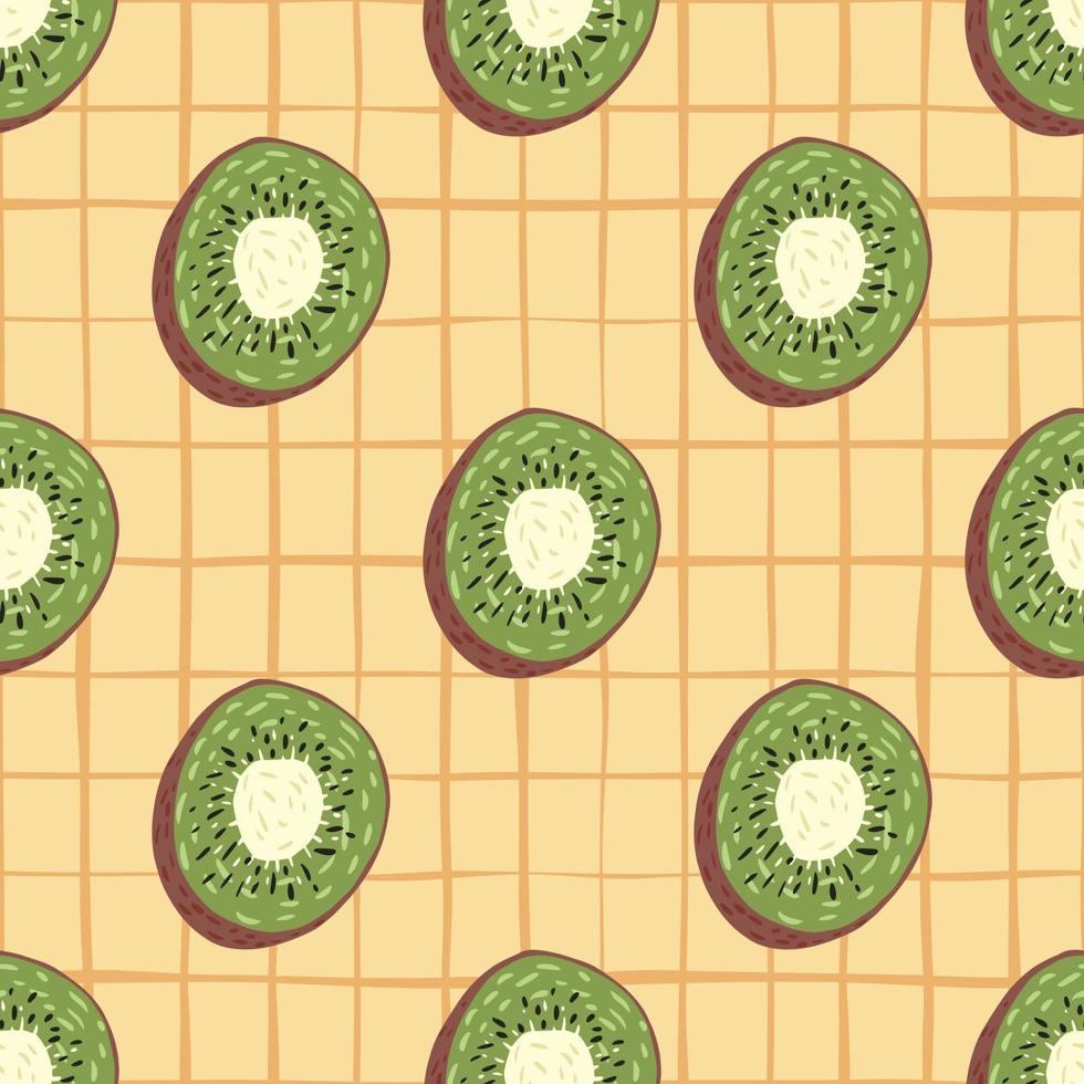 Nature food seamless pattern with vitamin kiwi organic elements. Beige chequered background. vector