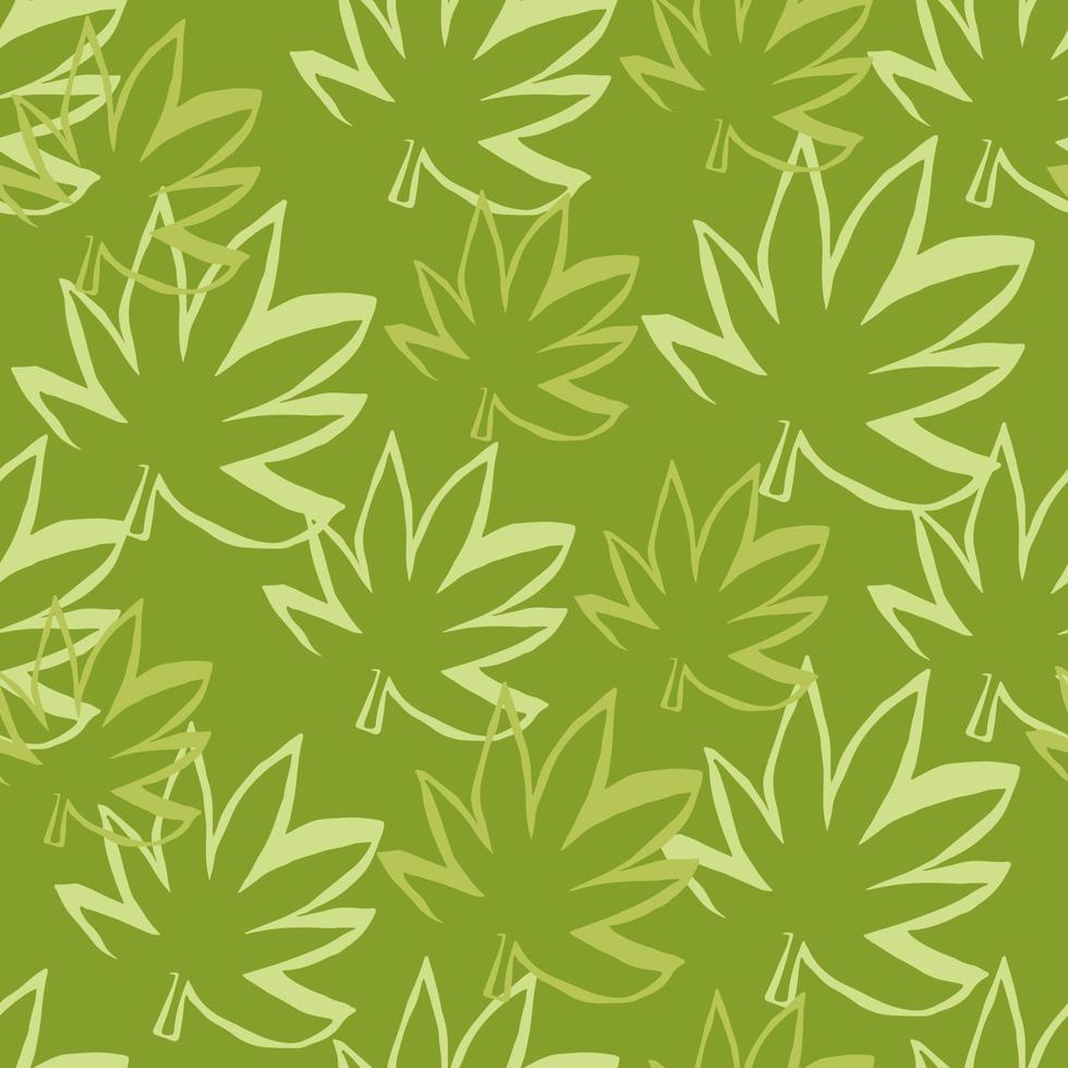 patrón aleatorio sin costuras con hojas de cáñamo verde y fondo verde. fondo de pantalla de silueta de contorno de marihuana. vector