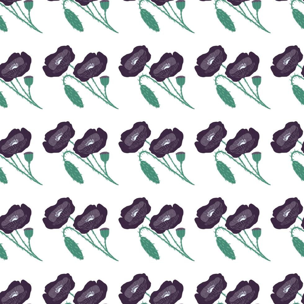 Isolated seamless doodle poppy flower pattern. Hand drawn stylized botanic ornament in purple color on white background. vector