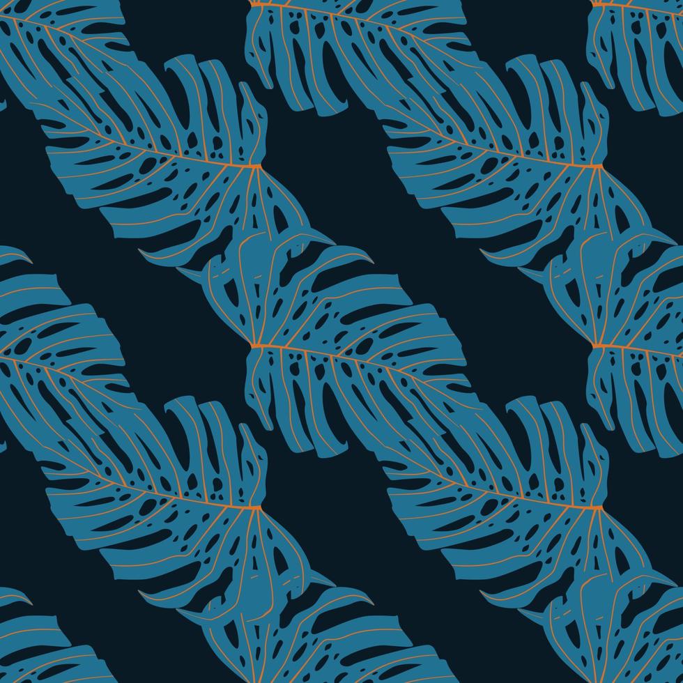 patrón de garabato sin costuras en contraste con siluetas de monstera azul. fondo negro. vector