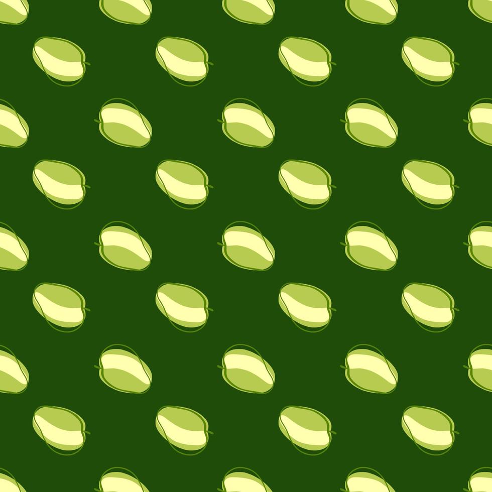 Organic tasty seamless pattern with doodle contoured apricot ornament. Green bright background. vector