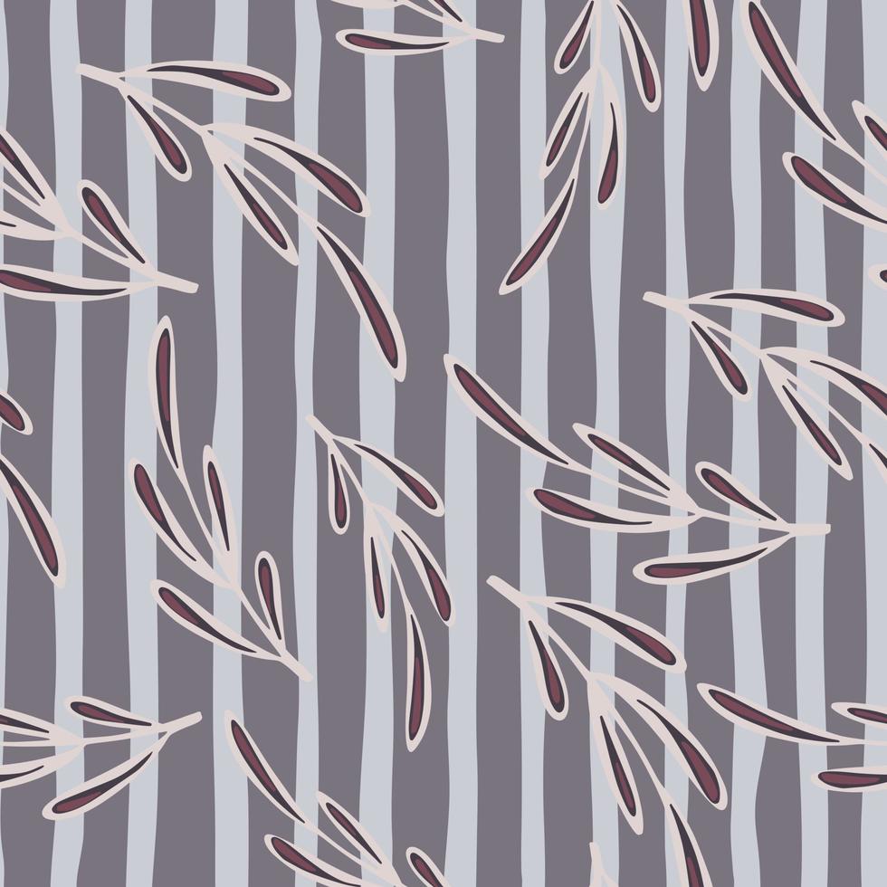 Vintage hand drawn botanic seamless pattern with doodle branches print. Striped grey background. Random artwork. vector