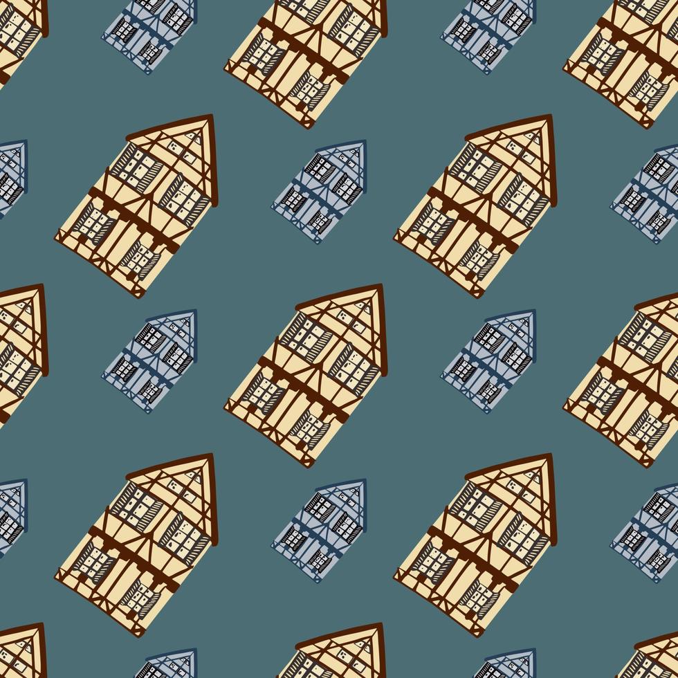 Creative hand drawn house silhouettes seamless pattern. Blue background. Scandi building print. vector
