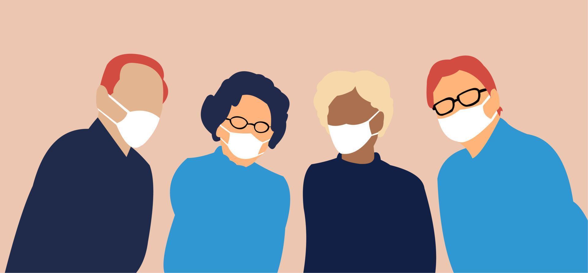 Group of people in white medical face masks to prevent disease, flu, air pollution, contaminated air, world pollution. vector