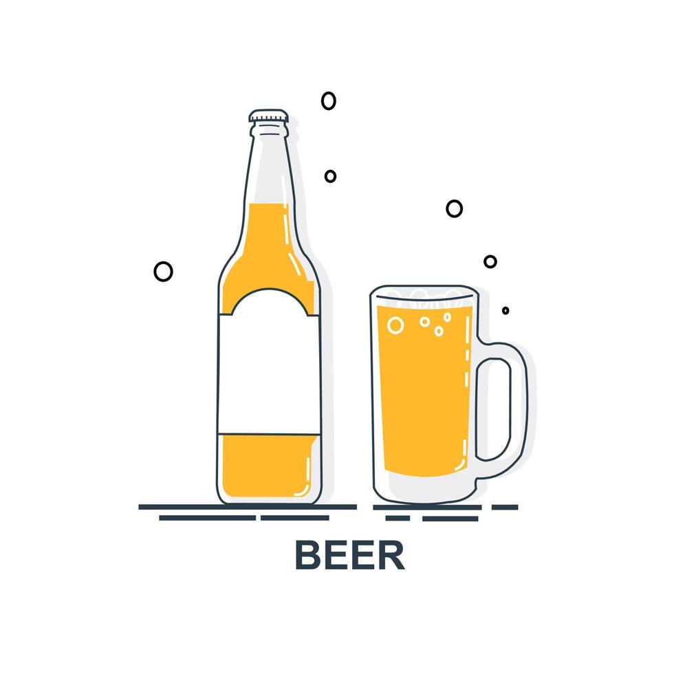 arte de línea de cerveza de botella y vidrio en estilo plano. ilustración alcohólica del restaurante para el diseño de la celebración. elemento de contorno de diseño. icono de contorno de bebida. aislado sobre fondo blanco. vector. vector