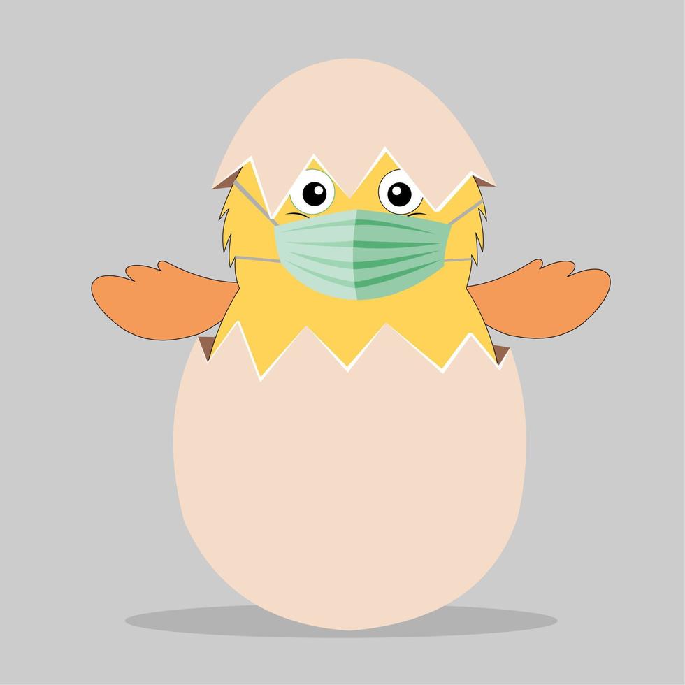 Cute cartoon chick in eggshell wearing mask. Happy Easter card vector illustration