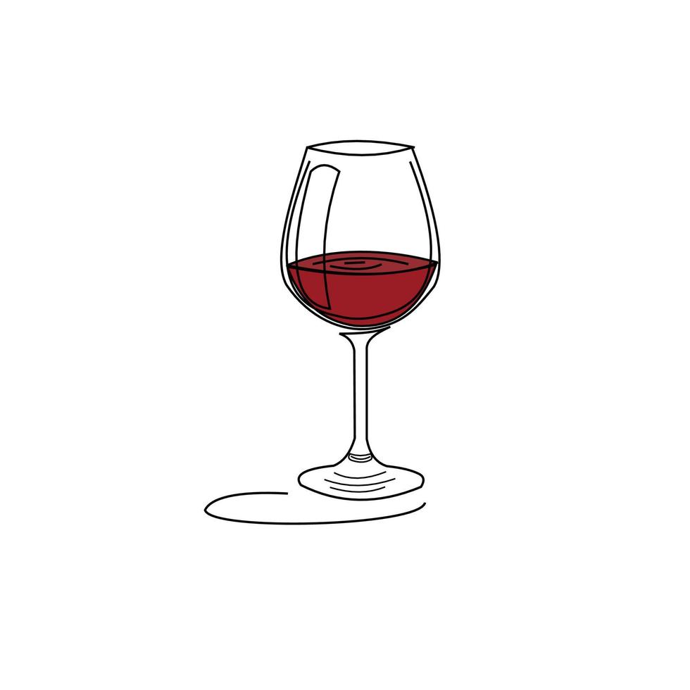 Wineglass red wine with shadow. Drink element. Retro glassware hand draw, design for any purposes. Restaurant illustration. Contour simple sketch. Isolated on white background in engraving style. vector