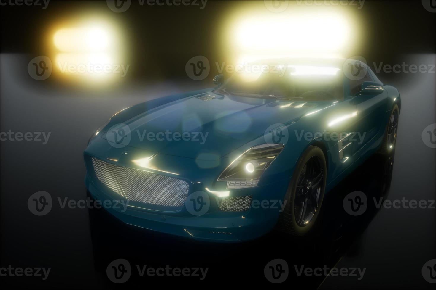 luxury sport car in dark studio with bright lights photo