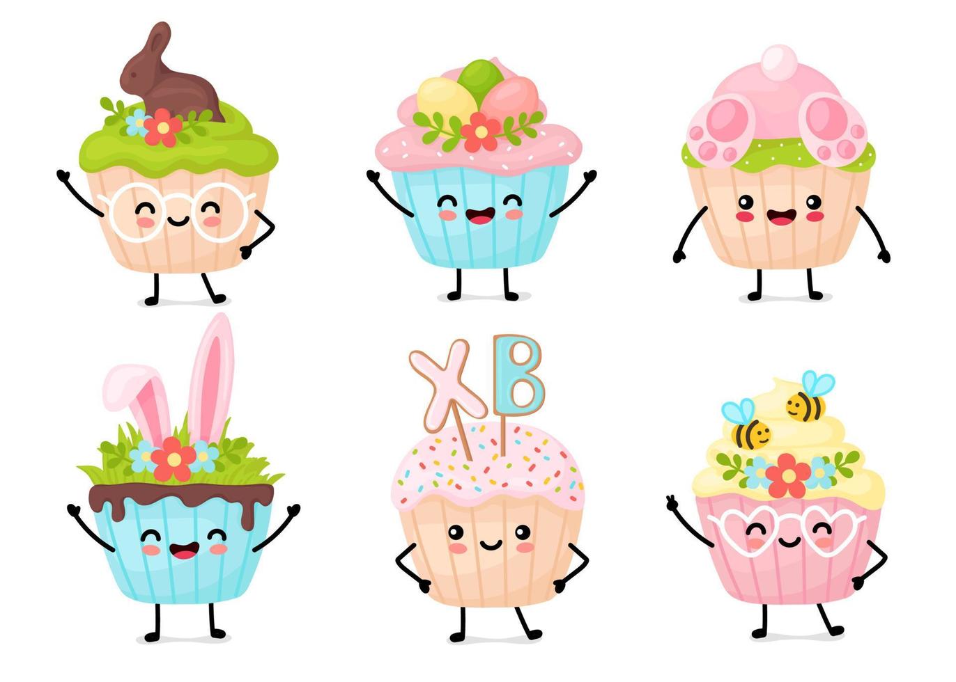 cute kawaii Easter cupcakes in cartoon style vector