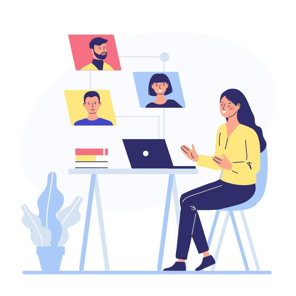 Global outsourcing, people using the cloud to work remotely. Character woman sitting at a table working on laptops connected to the network. vector