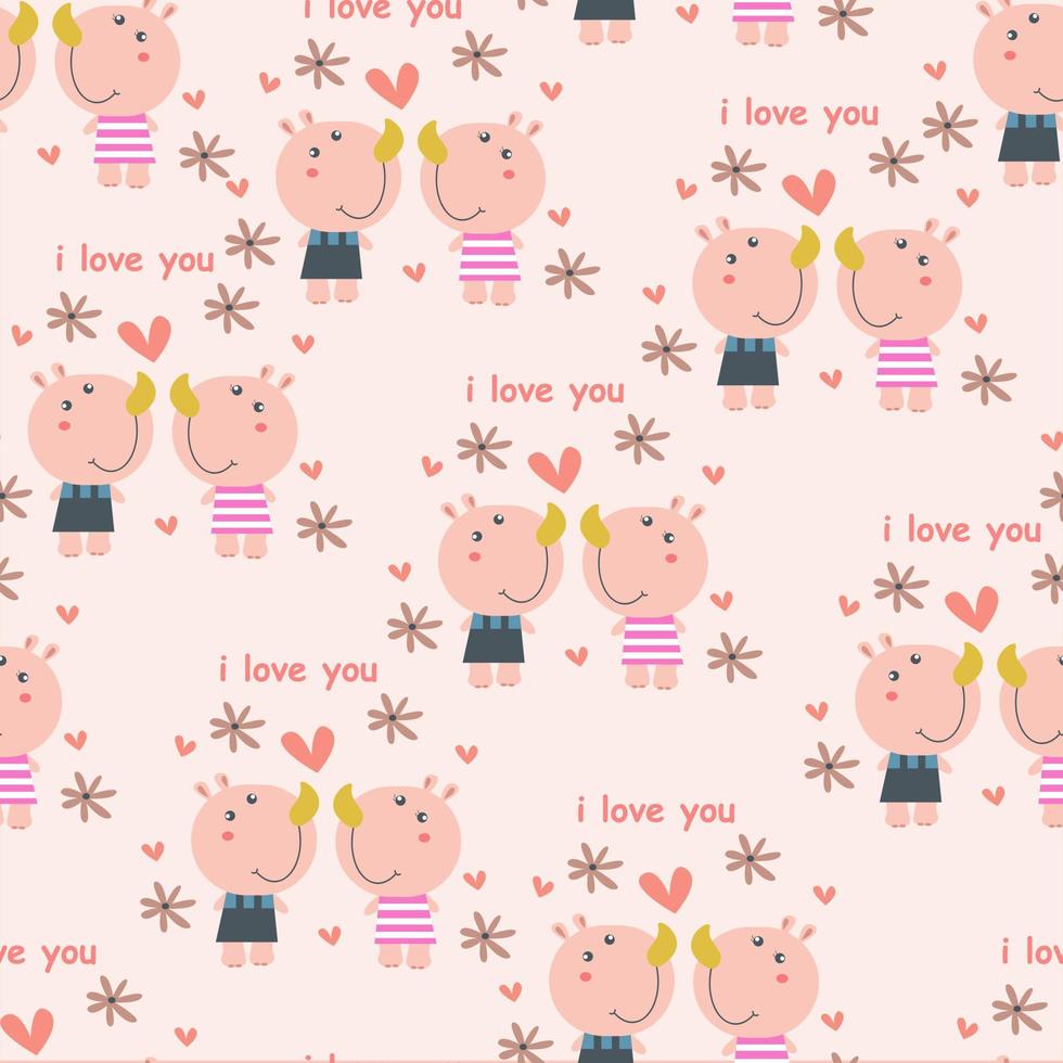 Seamless pattern cute rhino illustration on love background vector