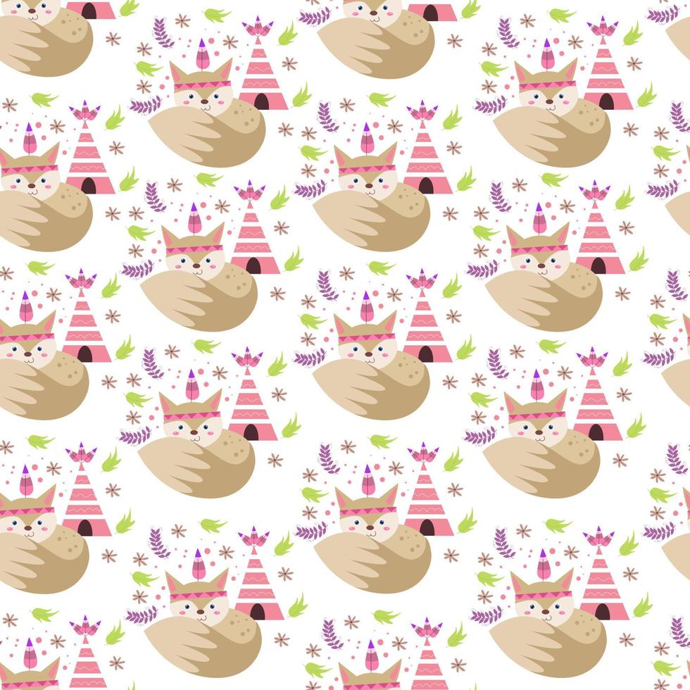 Pattern with cute wolf vector illustration in cartoon style