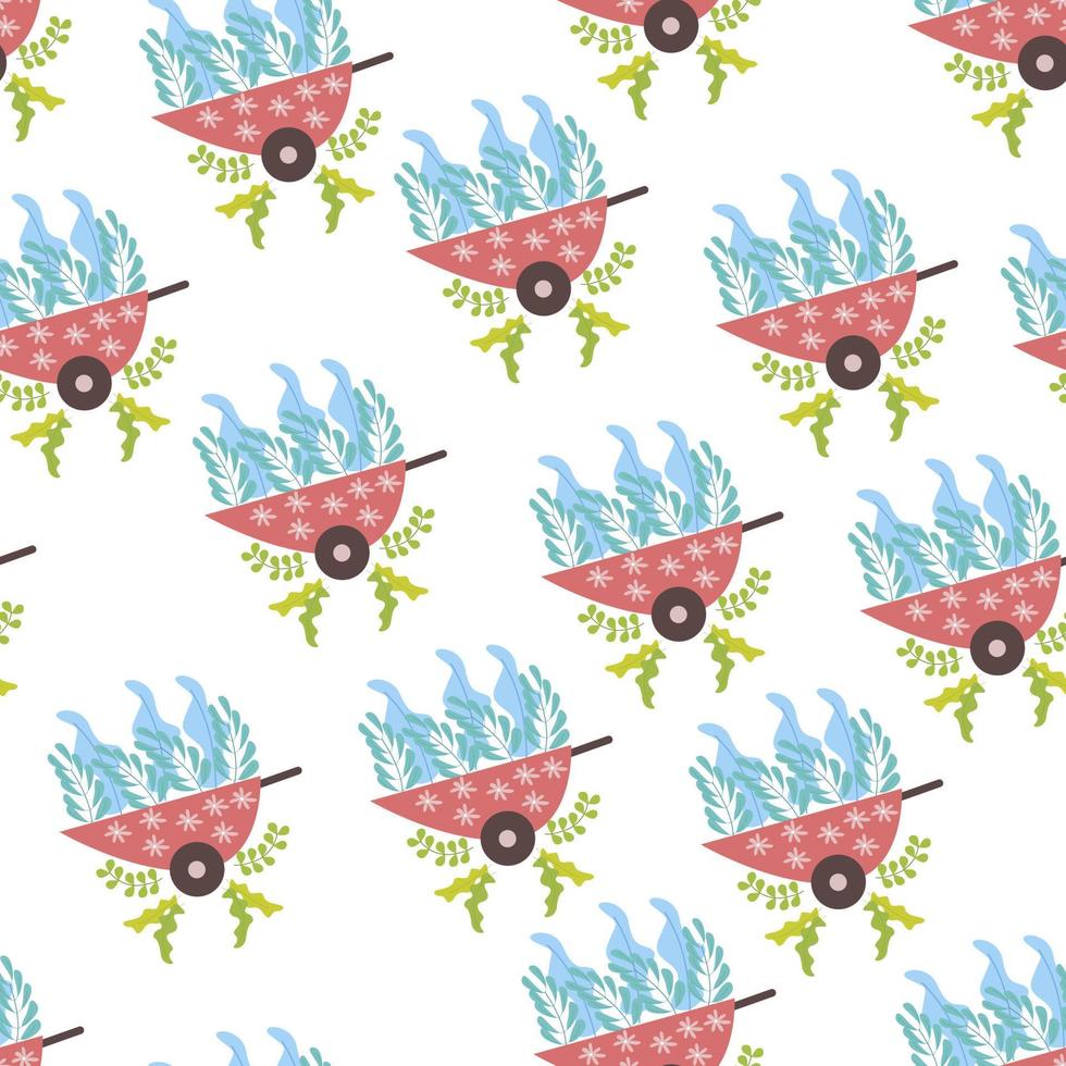 Seamless pattern wheelbarrow illustration with leaf and flower ornament vector