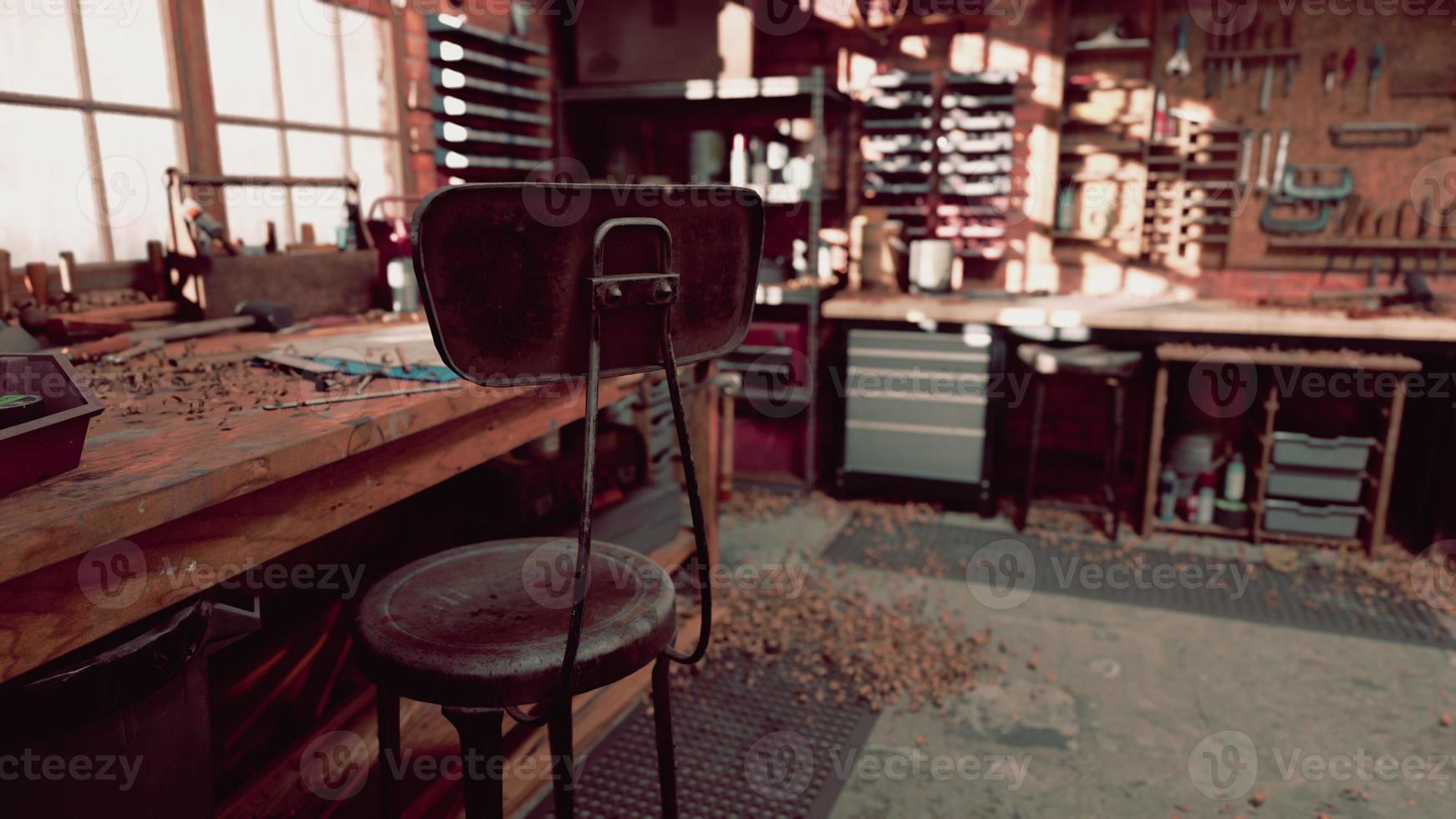 Various carpenter tools and supplies in a garage photo