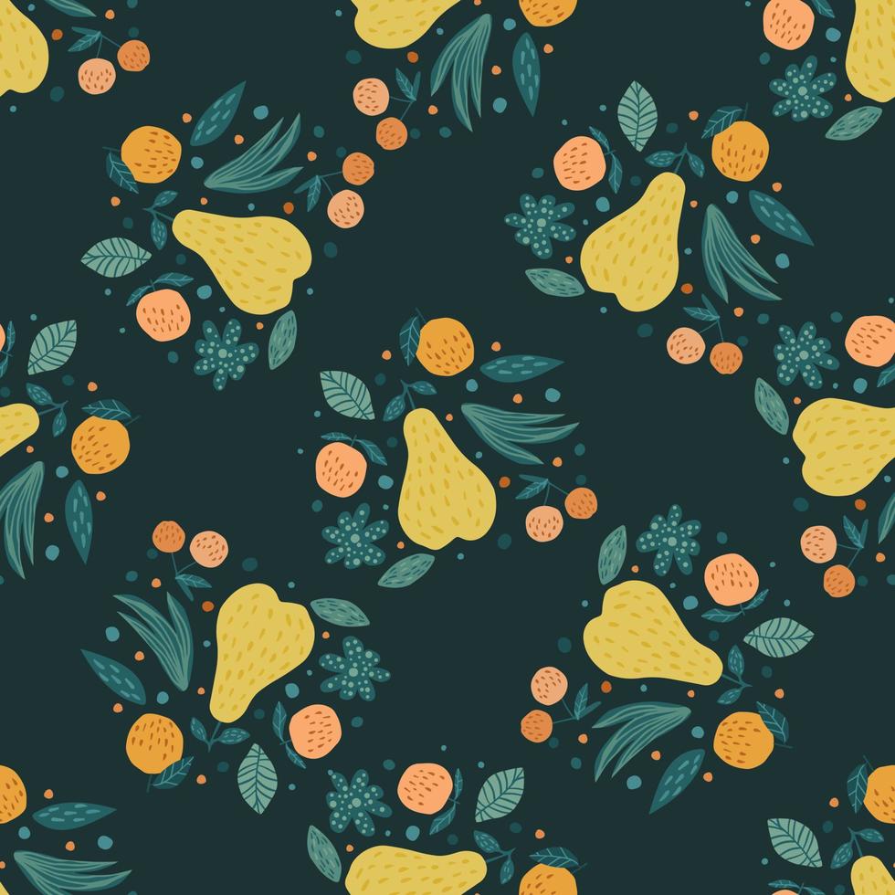 Fruits seamless pattern. Cherry berries, apples, pears and leaves vector