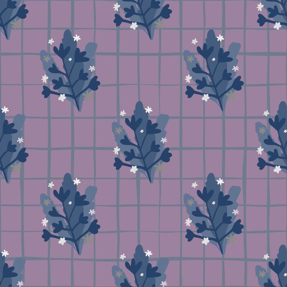 Dark pale seamless naive pattern with branches elements. Design in purple tones. Background with check. vector