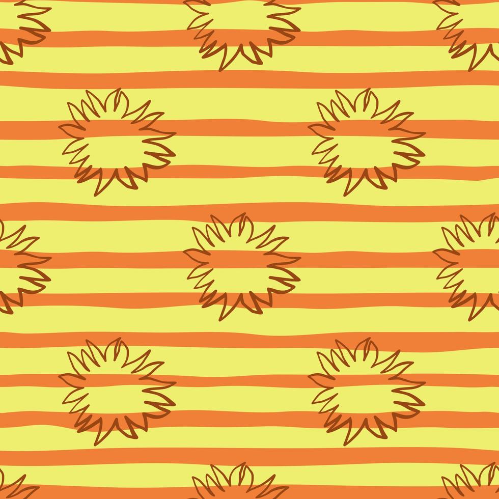 Seamless cartoon pattern with sun black silhouettes. Contoured geometric shapes on background with yellow and orange strips. vector