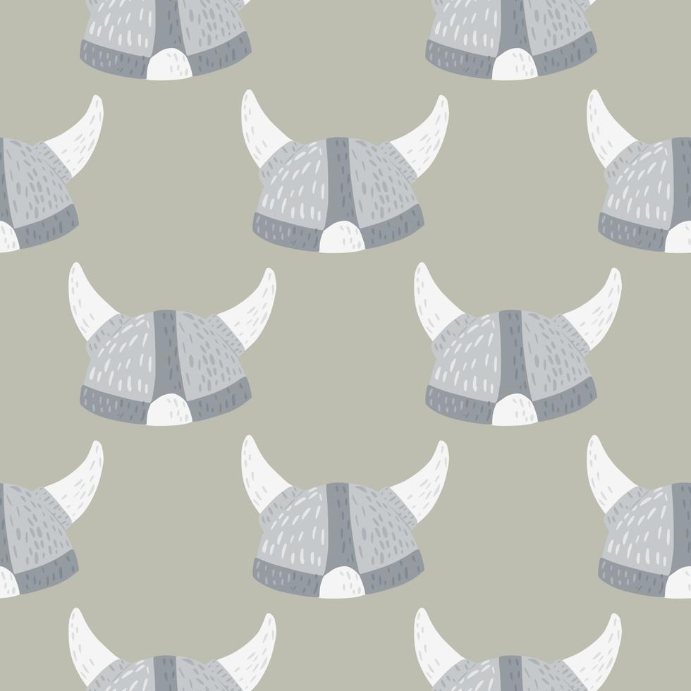 Cartoon ancient viking helmet silhouettes seamless pattern. Grey background with blue tones medieval armor print. vector