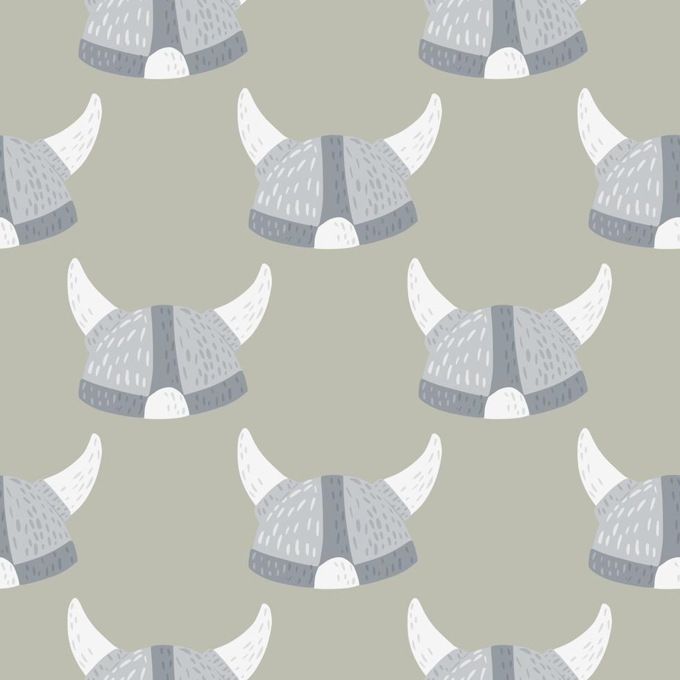 Cartoon ancient viking helmet silhouettes seamless pattern. Grey background with blue tones medieval armor print. vector