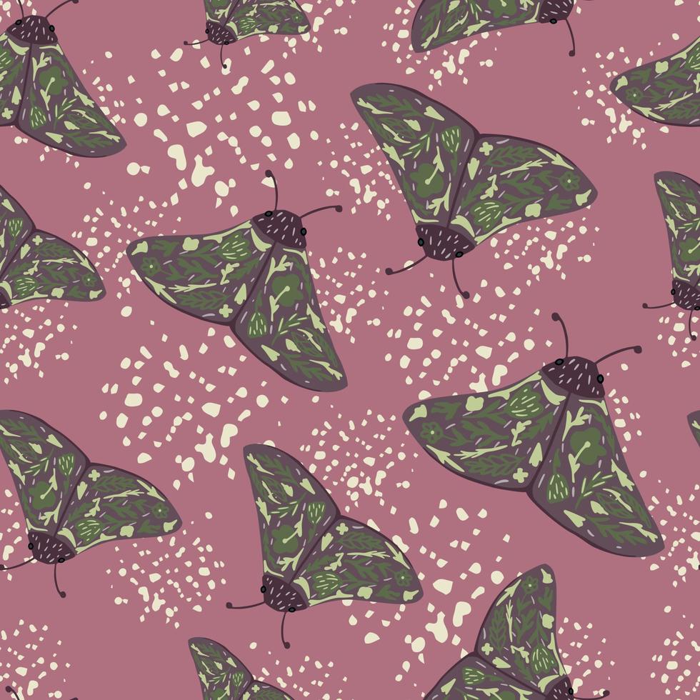 patrón sin costuras de polilla nocturna popular verde. fondo rosa oscuro con salpicaduras. impresión de insectos al azar. vector