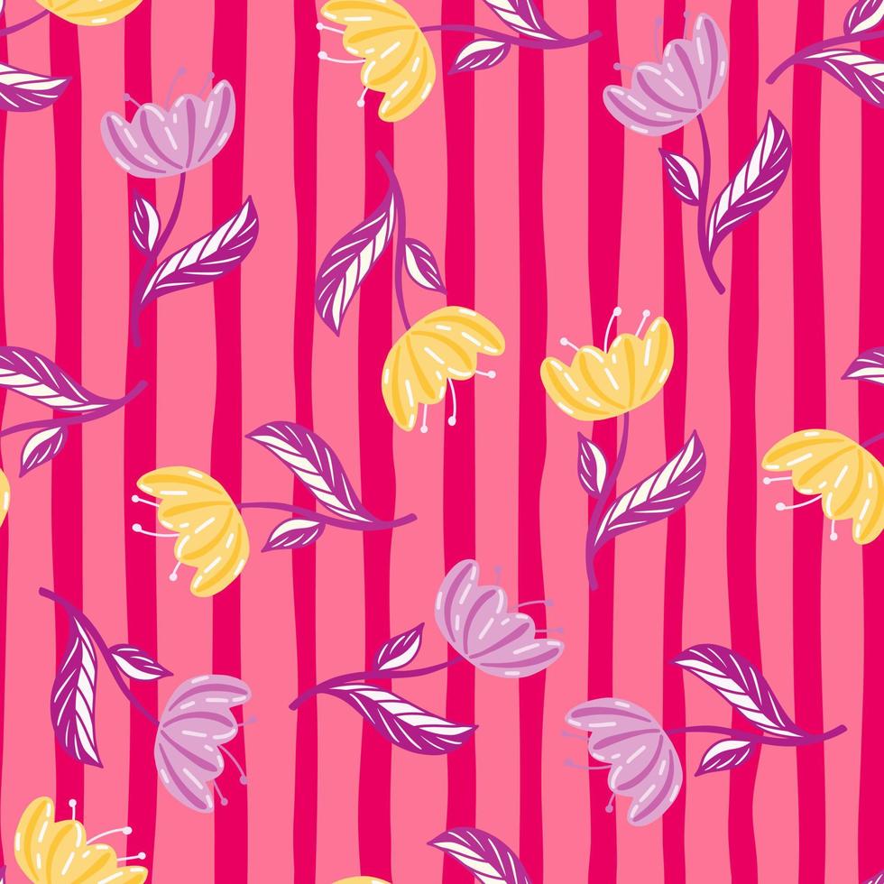 Abstract random seamless pattern with simple poppy flowers ornament. Pink striped background. vector