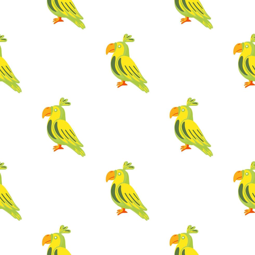 Isolated doodle seamless pattern with green and yellow parrots bird ornament. White background. vector