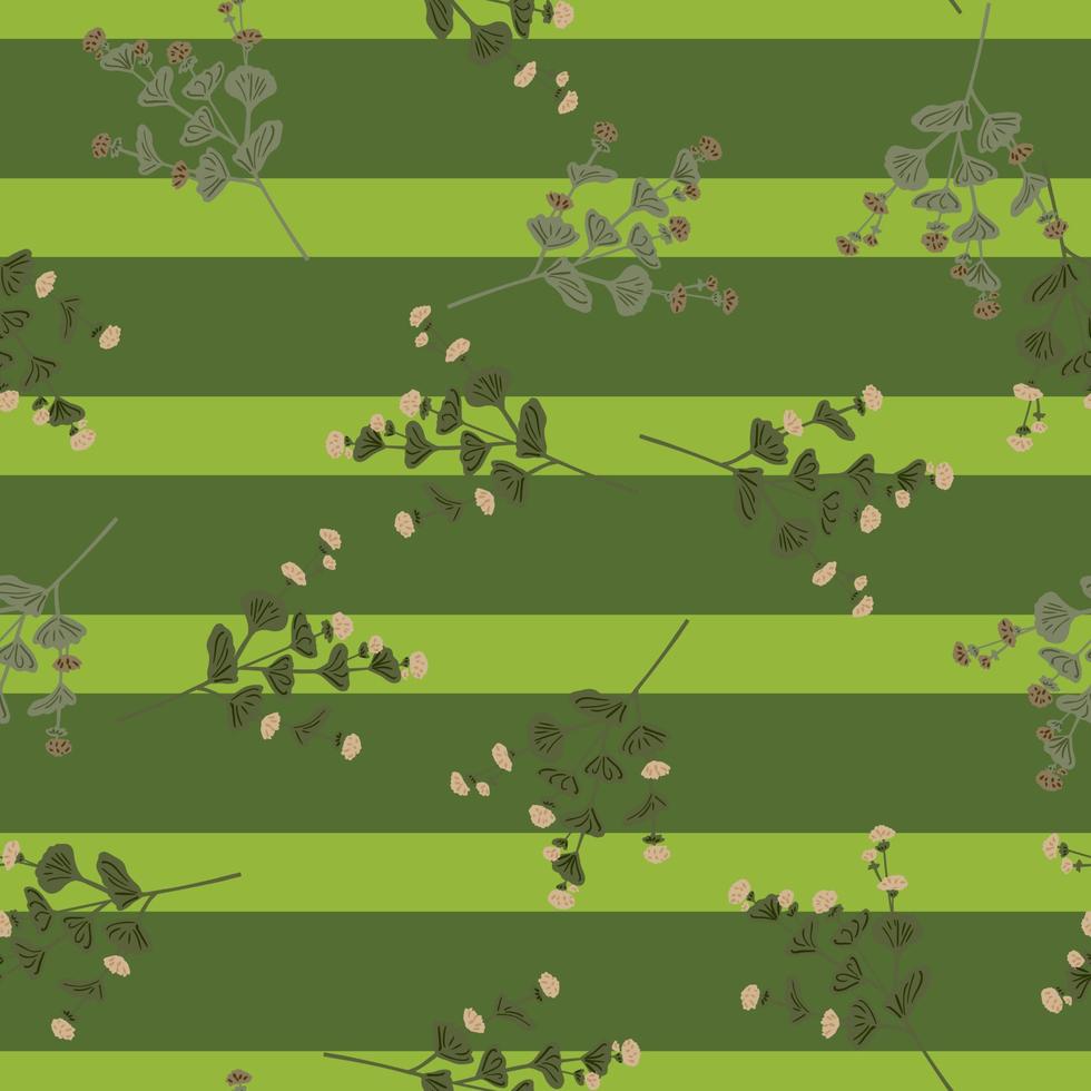 Random botanic seamless pattern with doodle wildflowers silhouettes on green striped background. vector