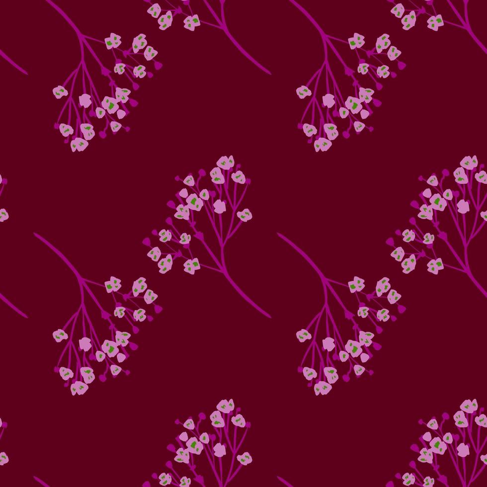Creative pink gypsophila flower seamless doodle pattern. Maroon background. Bloom vintage flora print. vector