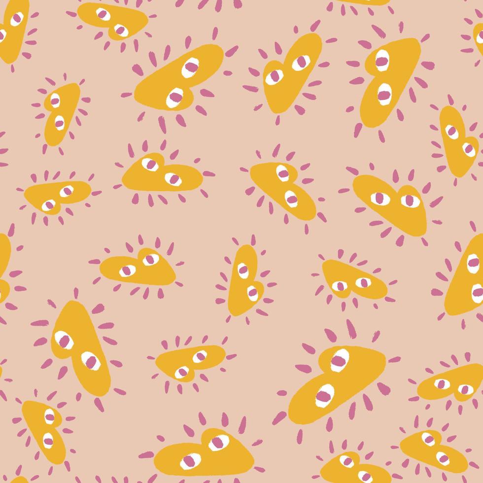 Yellow abstract random heart character ornament seamless doodle pattern. Pastel pink background. vector