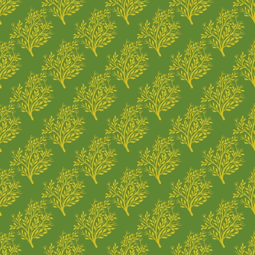 Creative yellow tree forest seamless doodle pattern in hand drawn floral style. Green background. Nature shapes. vector