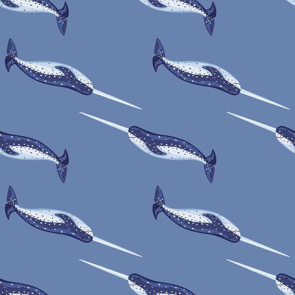 Seamless pattern Narwhal on blue background. Template of cartoon character of ocean for fabric. vector