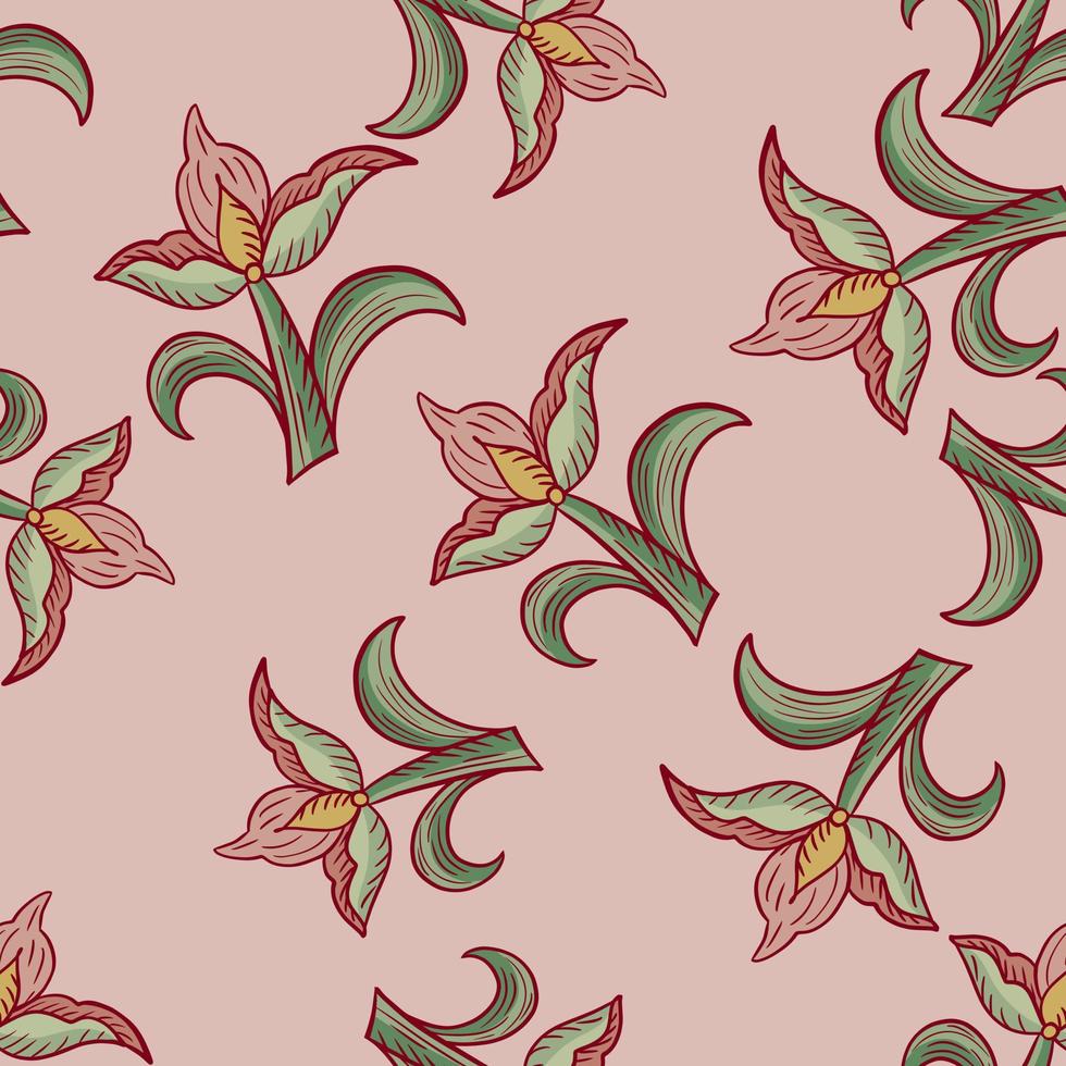 Decorative seamless pattern with random grey tulip flowers print. Pink background. Nature backdrop. vector