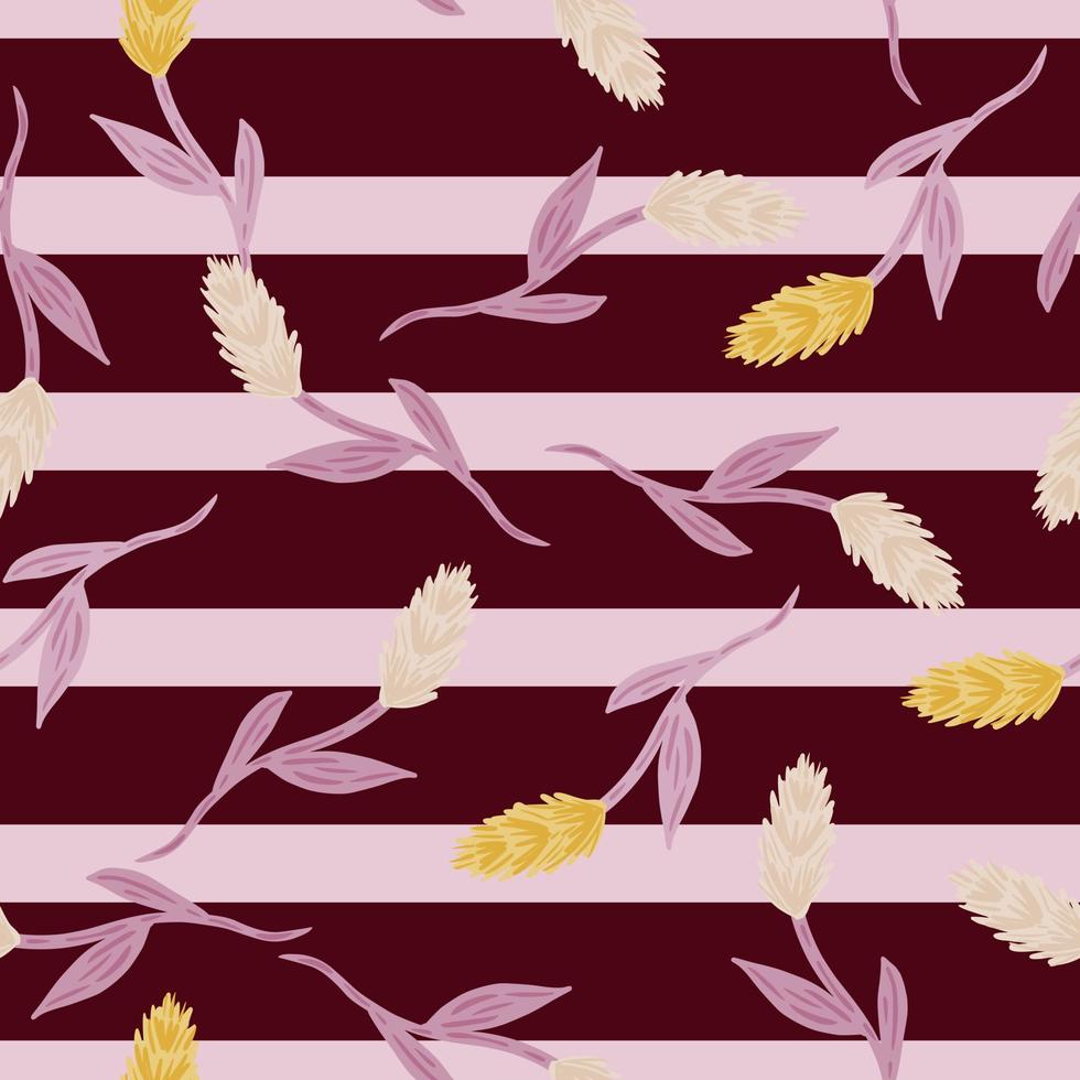 Harvest field seamless pattern with random ear of wheat silhouettes. Maroon striped background. vector