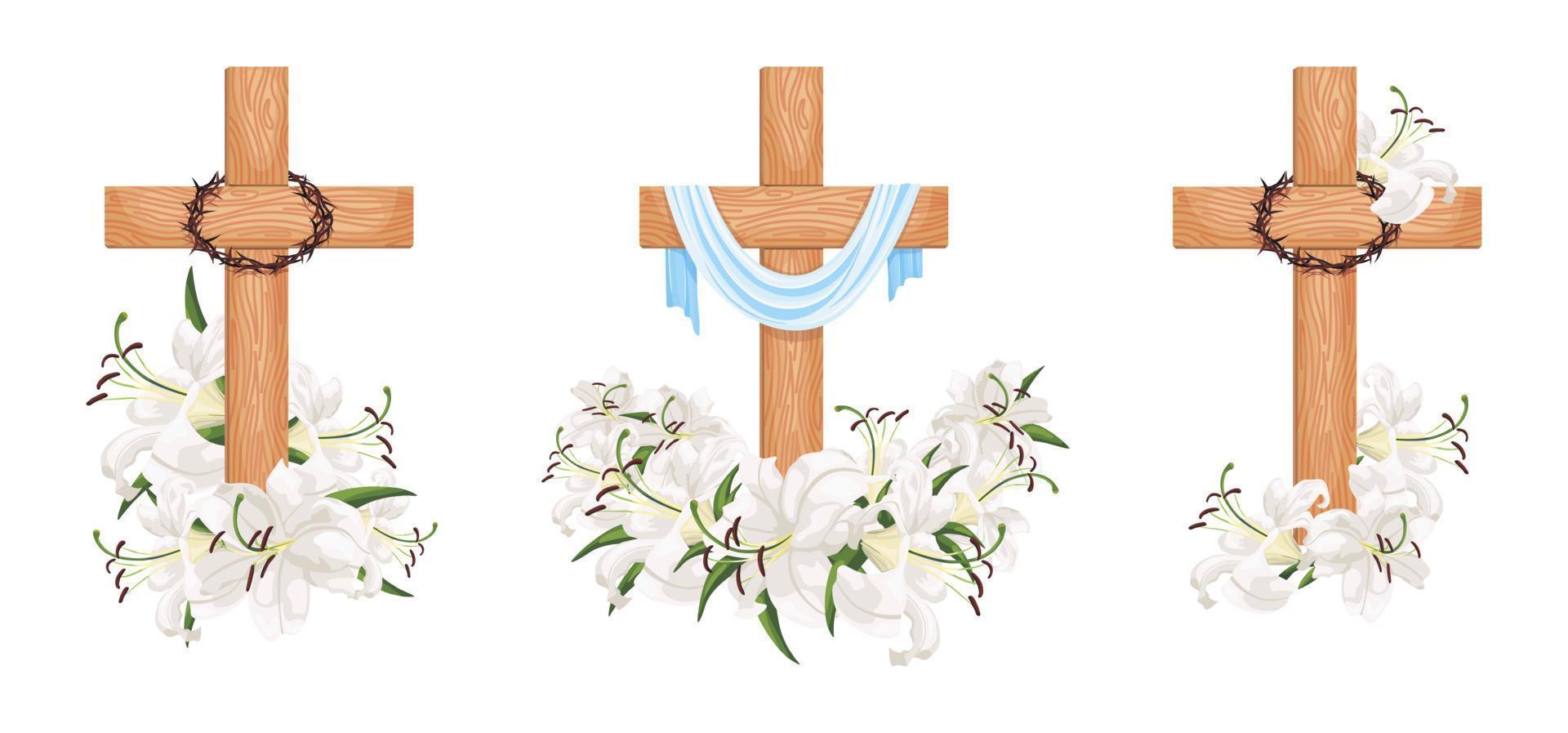Set crosses with lilies isolated on white background. Religious symbols vector