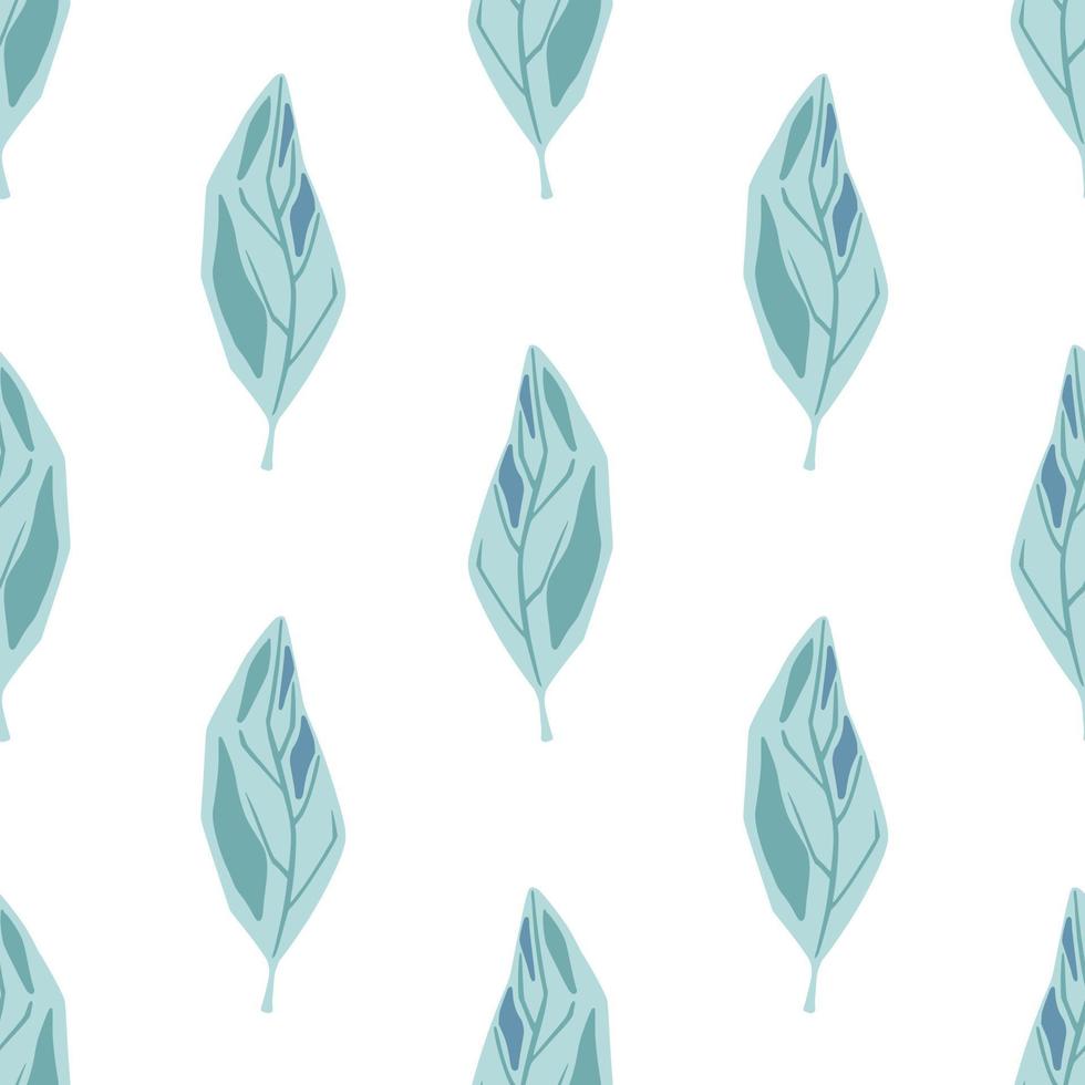 Isolated seamless doodle pattern with simple blue leaf shapes. White background. Botany print. vector