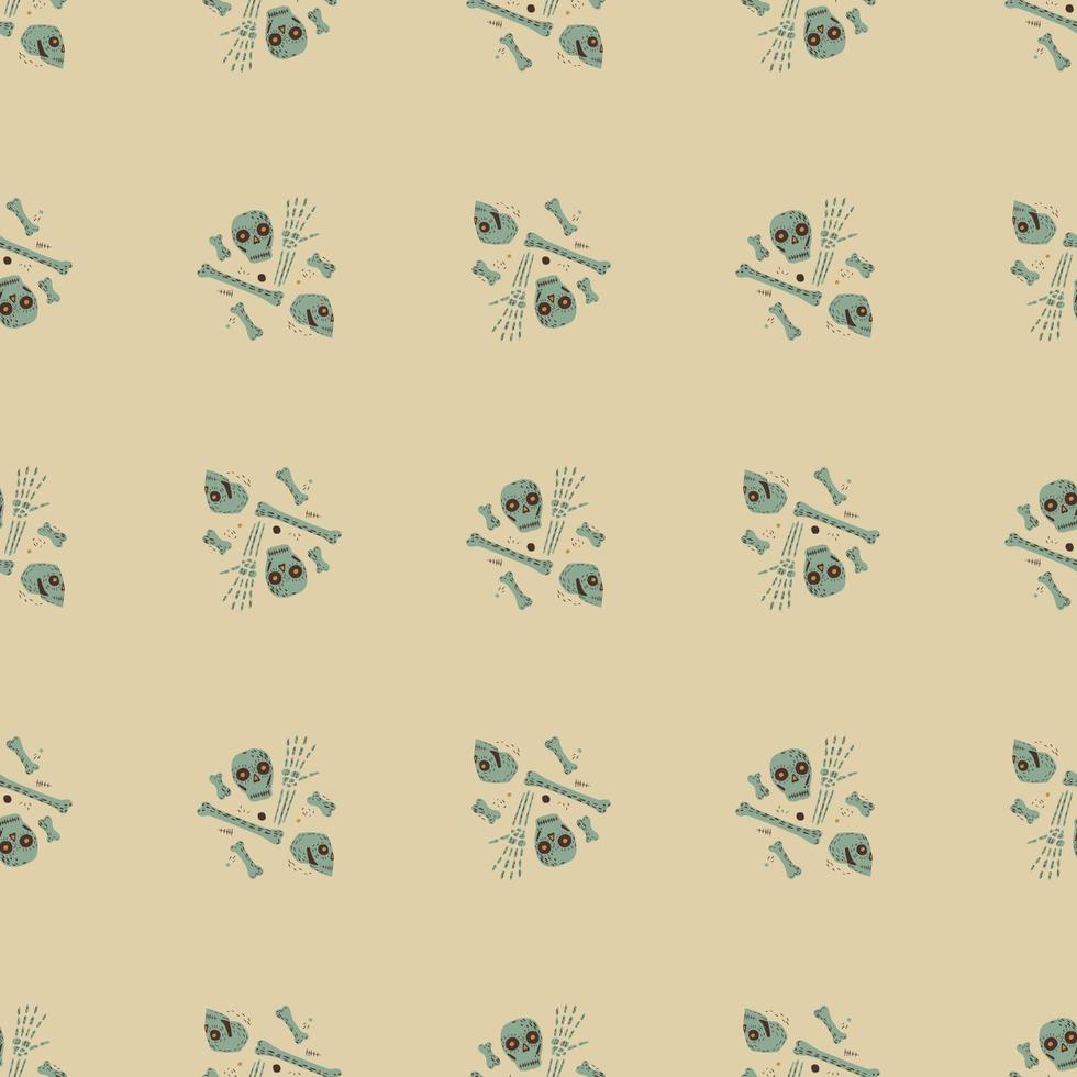 Minimlistic pastel tones seamless pattern with green skull and bones shapes. Pale pink background. vector