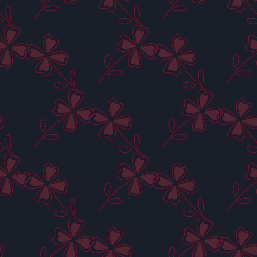 Dark seamless pattern with red four-leaf clover silhouettes. Black background. Blossom botany backdrop. vector