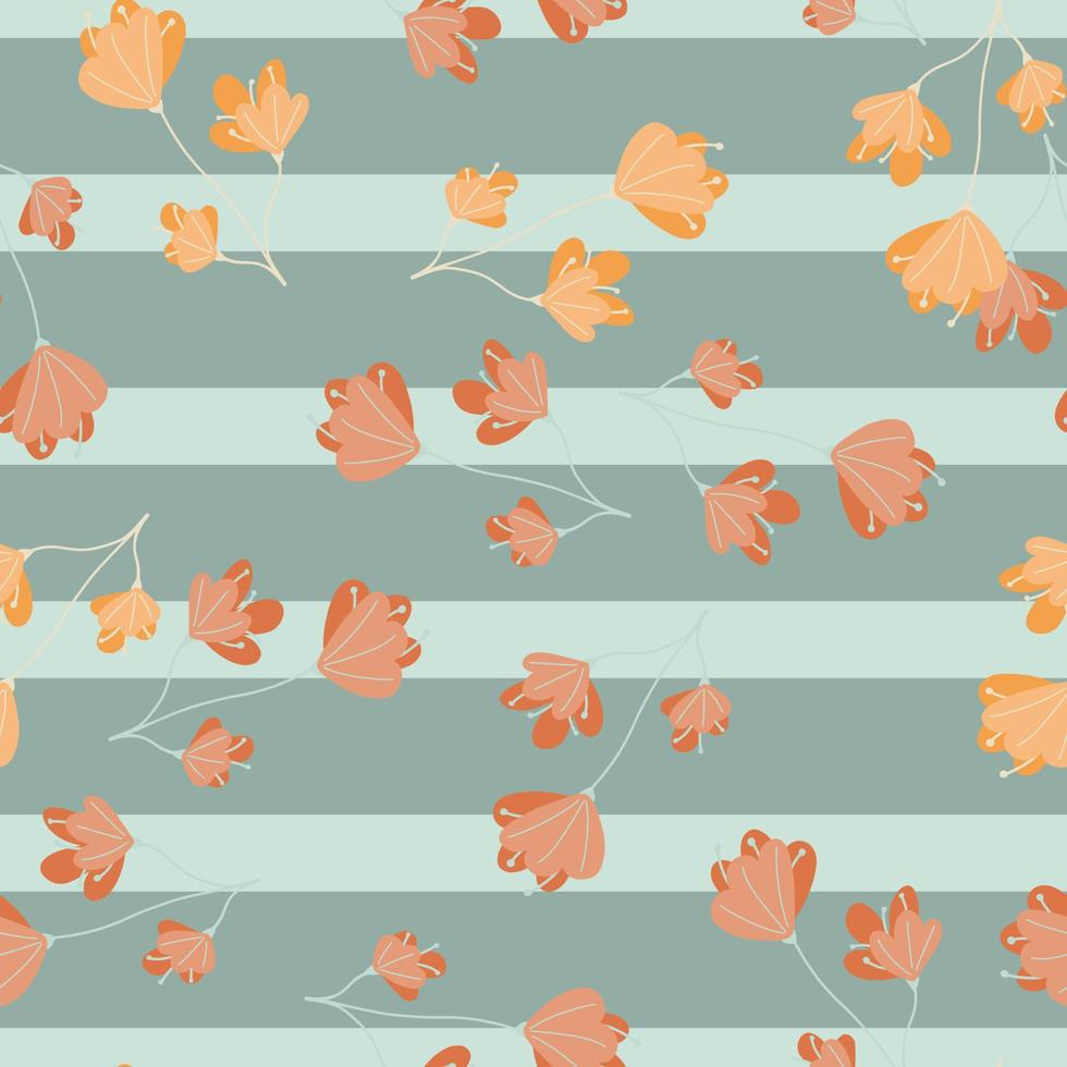 Autumn style seamless pattern with orange random abstract flowers ornament. Blue striped background. vector