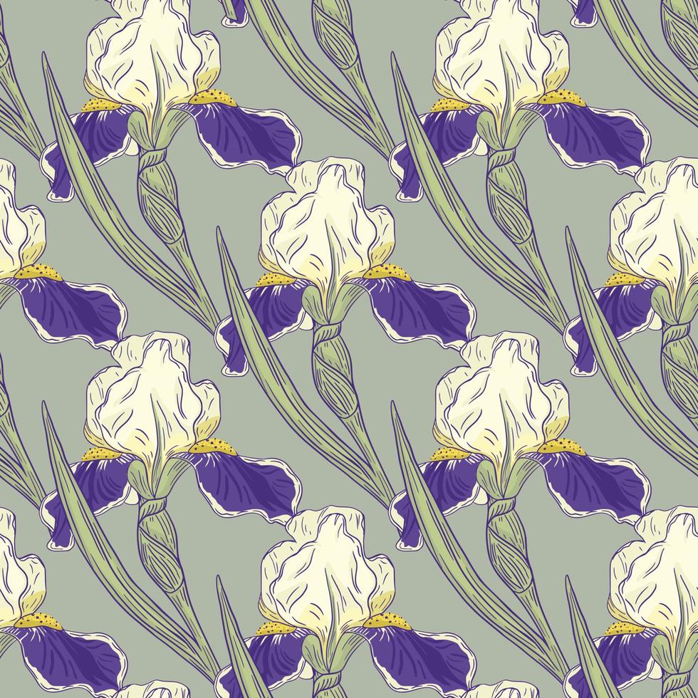 Decorative iris flowers silhouettes seamless floral pattern. Pale blue background. Botanic backdrop. vector