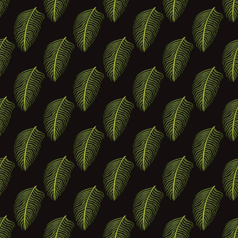 Green fern leaf ornament seamless pattern in doodle tropical style. Dark brown background. vector