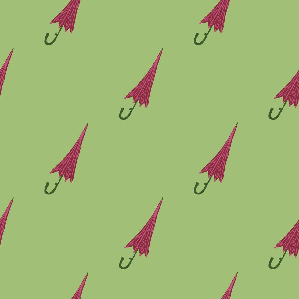 Rainy season seamless pattern with pink umbrella shapes. Green background. Autumn backdrop. vector