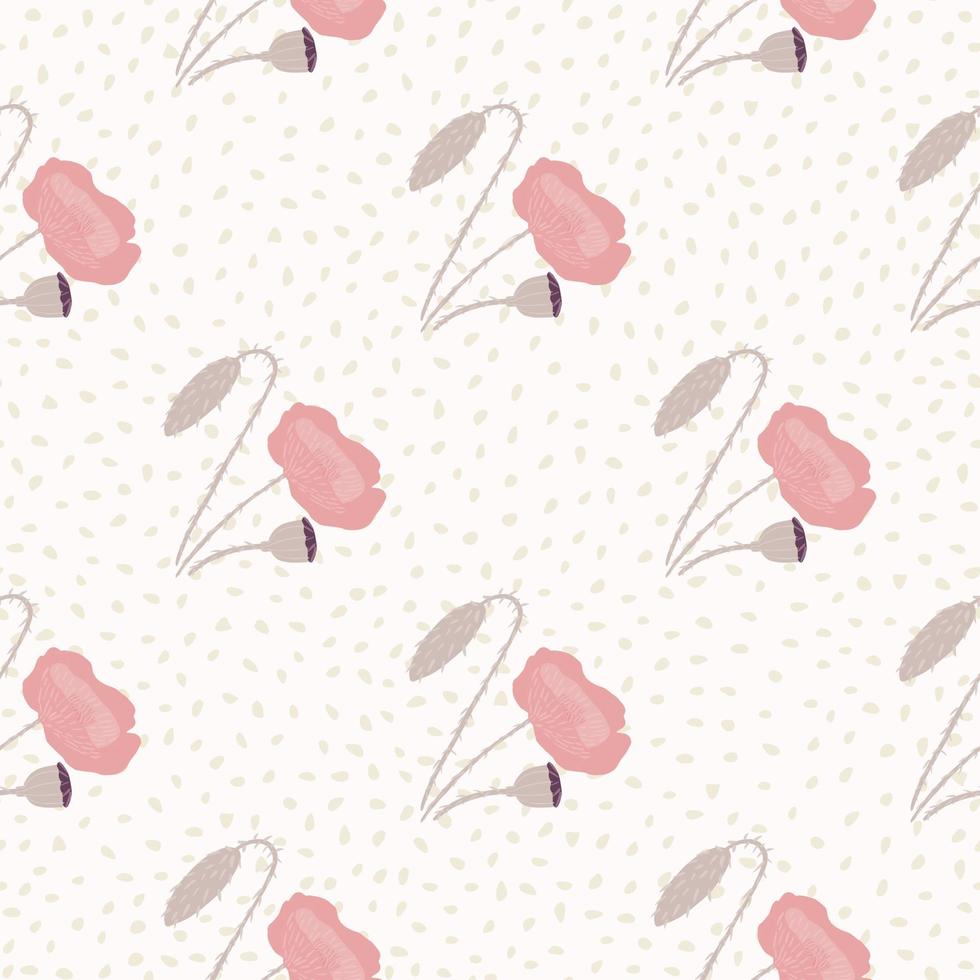 Pale hand drawn seamless poppy flowers pattern. Pink botanic silhouettes on white dotted background. vector