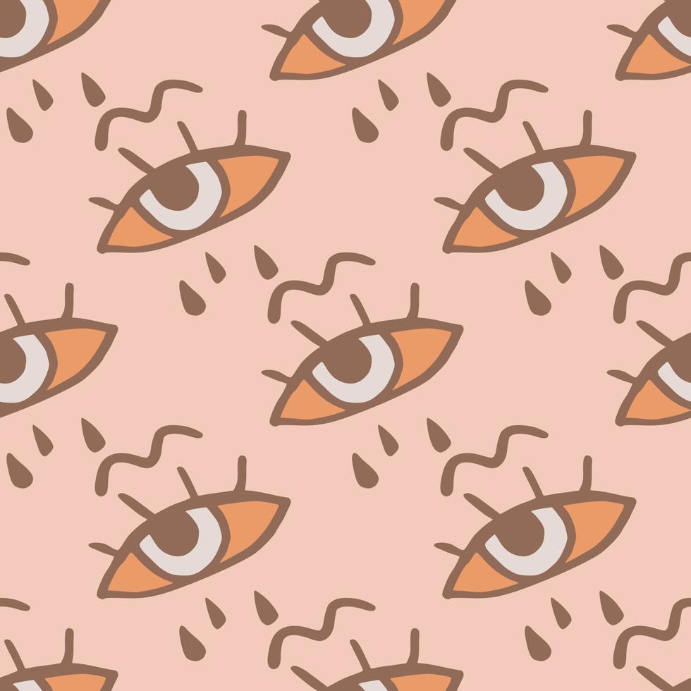 Simple minimalistic eye seamless pattern. Orange and brown colored ornament on light pink background. vector