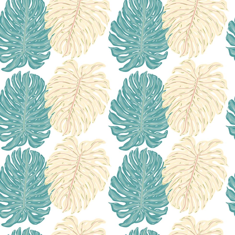 Pink and blue monstera leaves shapes seamless doodle pattern. Isolated print. Palm foliage artwork. vector