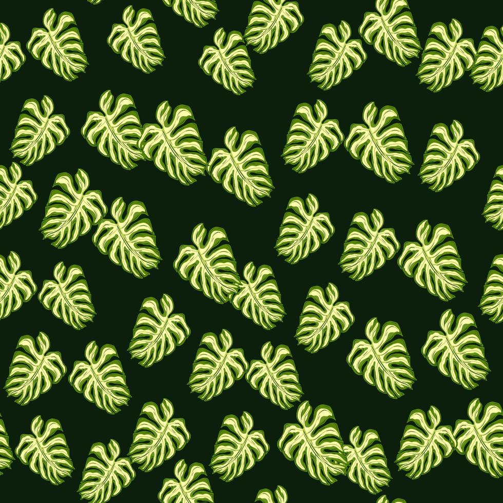 Decorative foliage seamless pattern with random palm leaf monstera elements. Dark background. vector