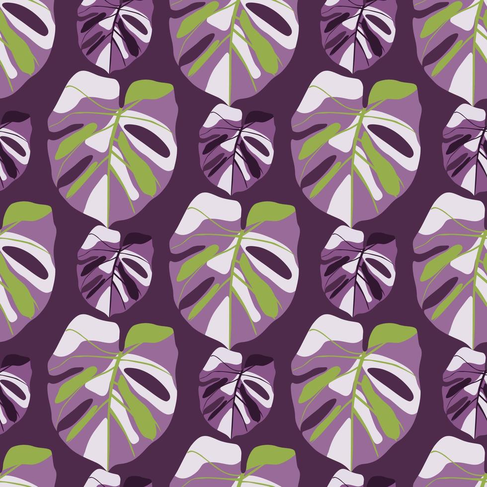 Floral exotic seamless pattern with monstera silhouettes. Tropical leaves and background in purple and green palette. vector