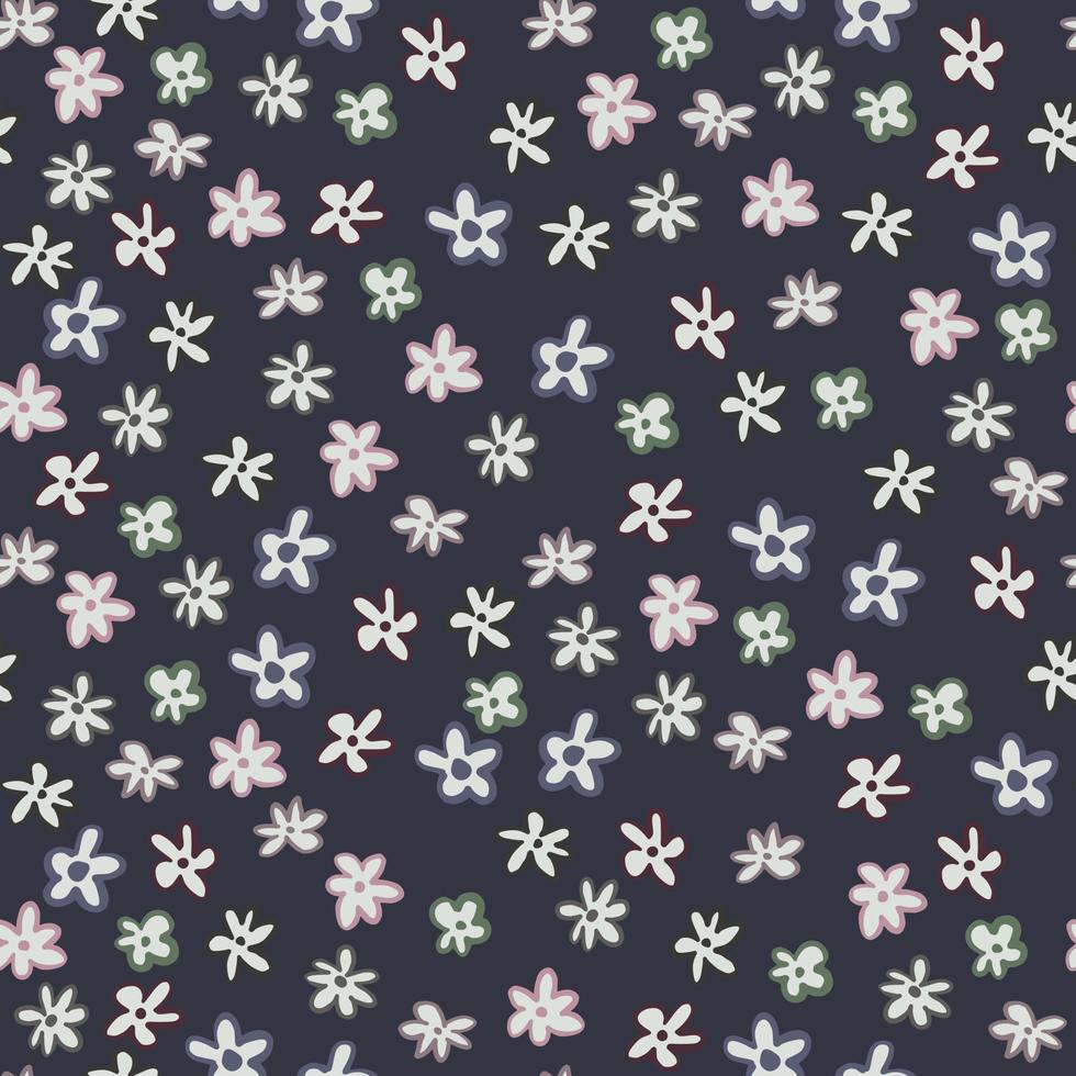 Dark floral seamless pattern with litttle chamomile flower shapes. Navy blue background and botanic light ornament. vector
